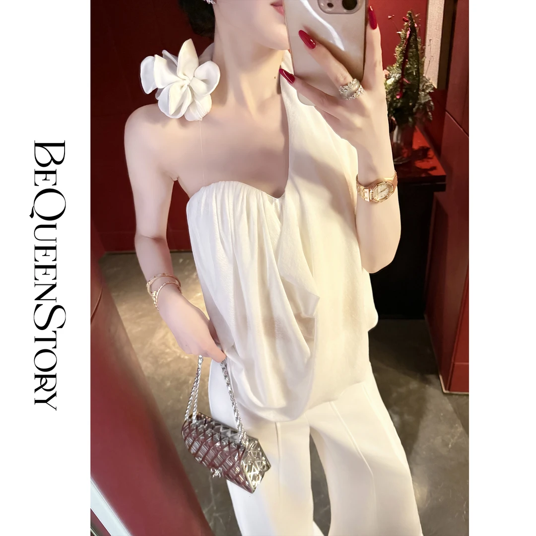 余潇潇【高智白玫瑰】2025早春新品欧若风单肩压褶上衣&立裁长裤