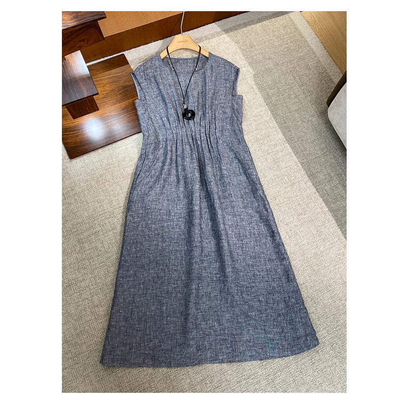 【夏季新款】轻奢复古风捏褶收腰无袖圆领显瘦亚麻连衣裙女D25228