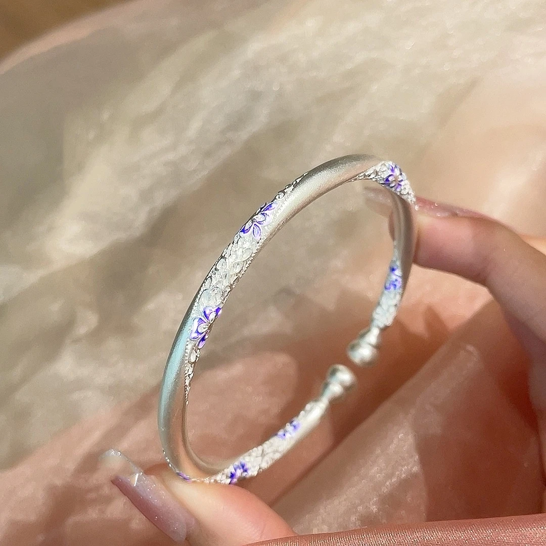 足银手镯 紫色樱花藤蔓纹理手镯 新中式轻奢时尚百搭 YS137