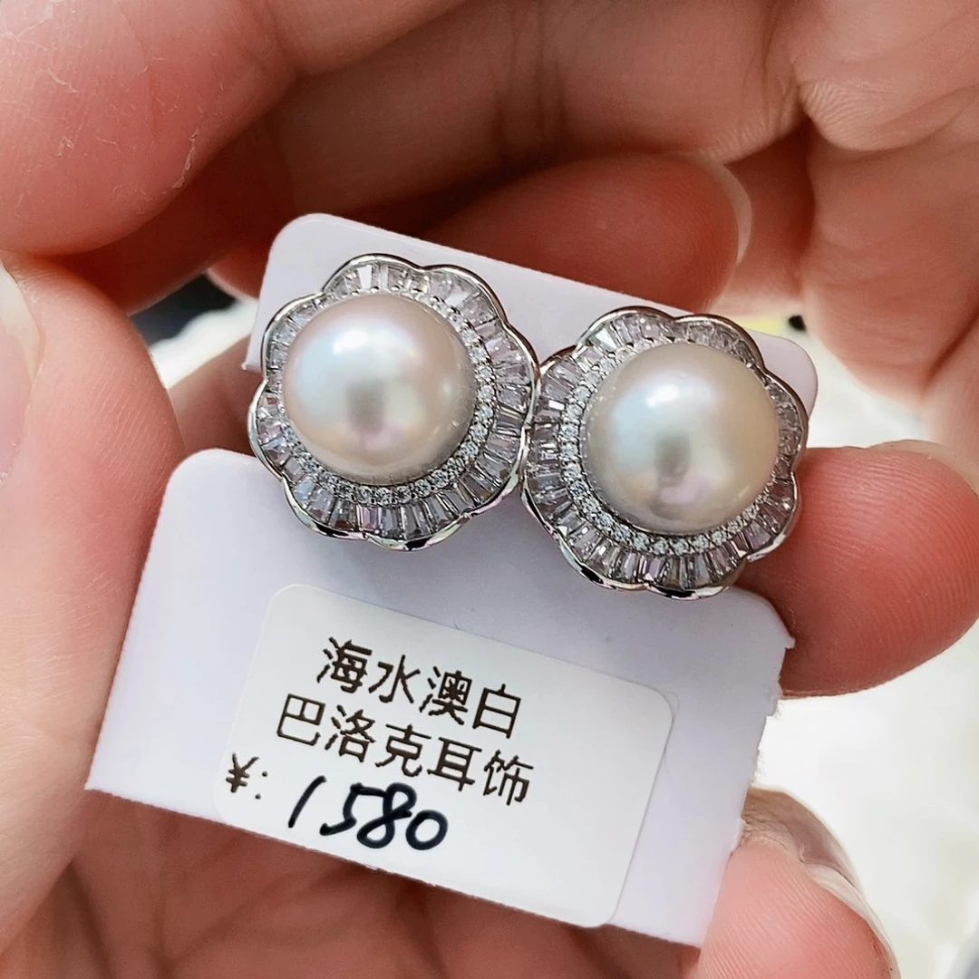 银S925镶嵌特价澳白耳饰10:6mm海水珍珠