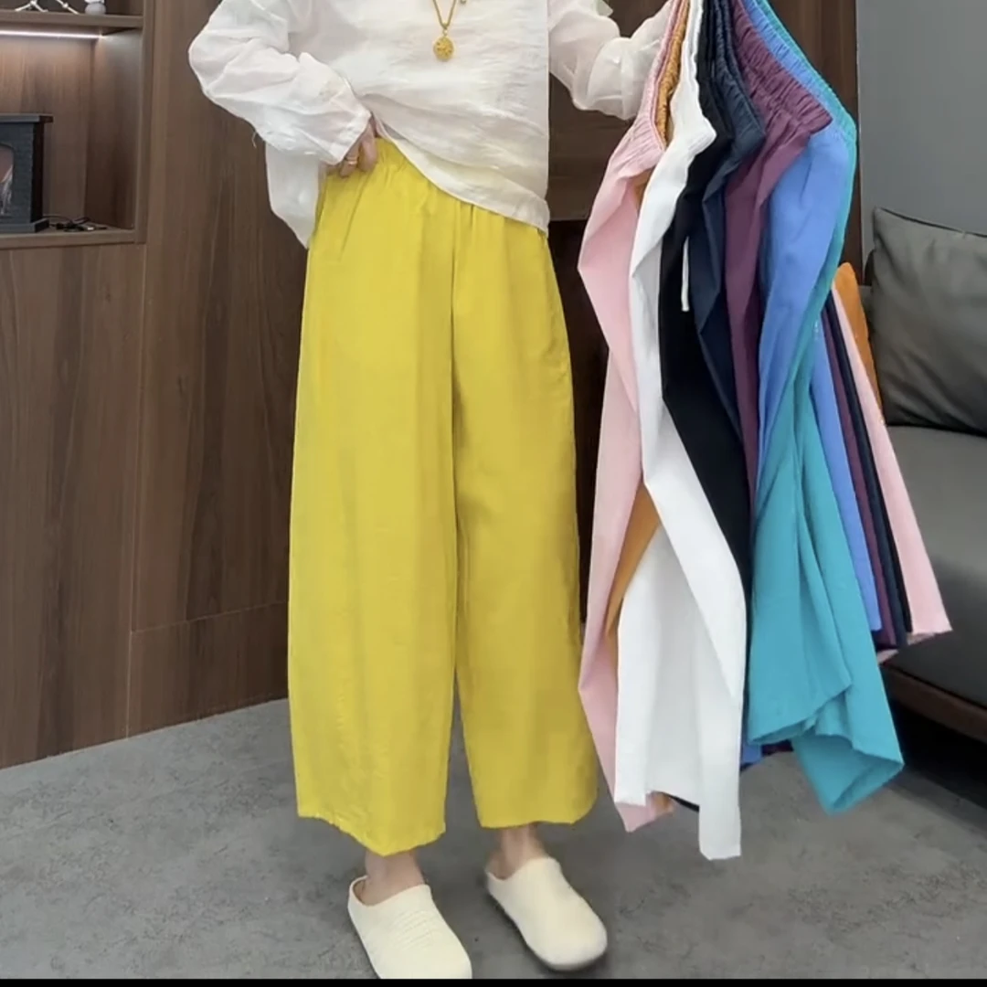 多巴胺麻料高腰直筒九分阔腿裤2025夏季新款百搭纯色九分裤