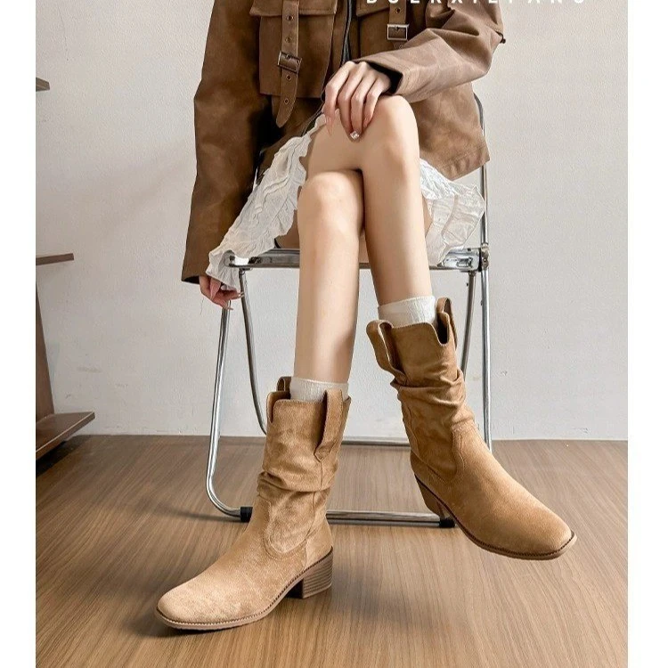 废土风粗跟内增高堆堆靴短靴子女秋2025新款配裙子西部牛仔马丁靴