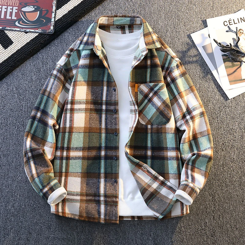 新春新款时尚格子阔版长袖衬衫男生