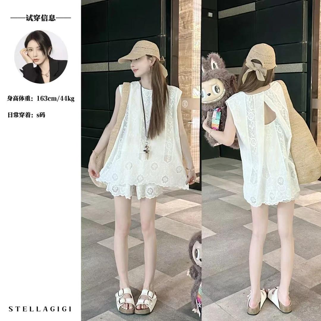 SG / 杨依姗 SS重工蕾丝刺绣无袖上衣+阔腿短裤套装TZ-20251135