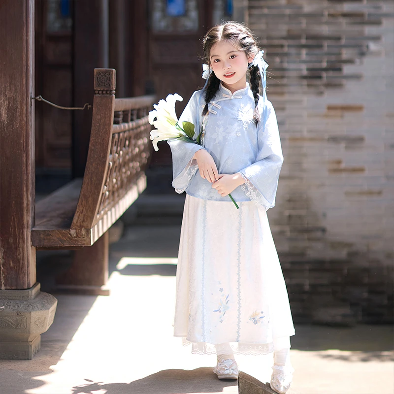旗铂-月下百合汉服女童2025新款儿童裙民国风古装套装秋日穿搭