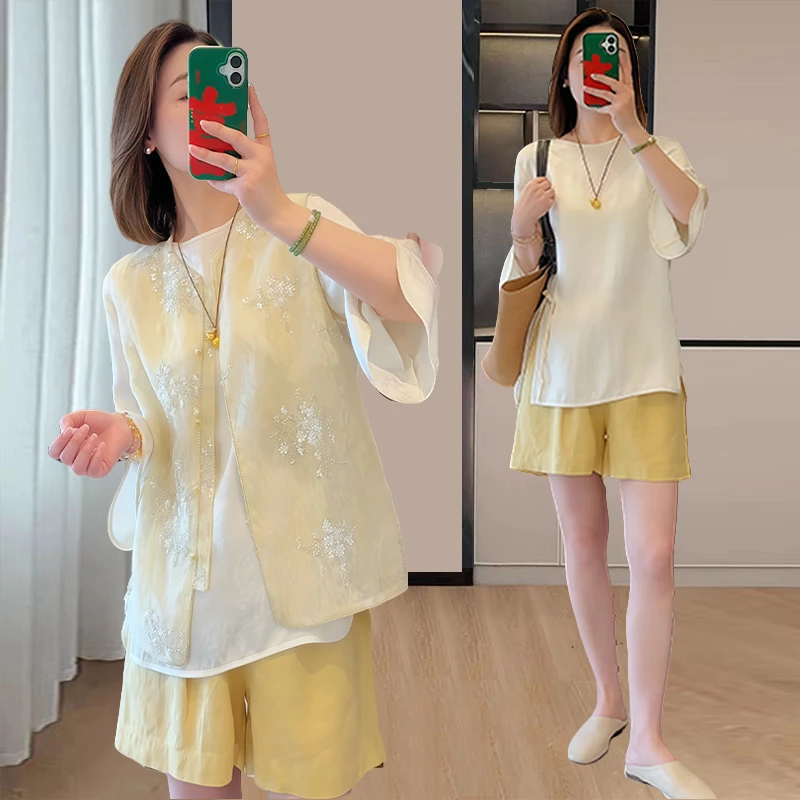 新中式国风套装女2026年夏季新款设计感减龄马甲衬衣短裤三件套潮