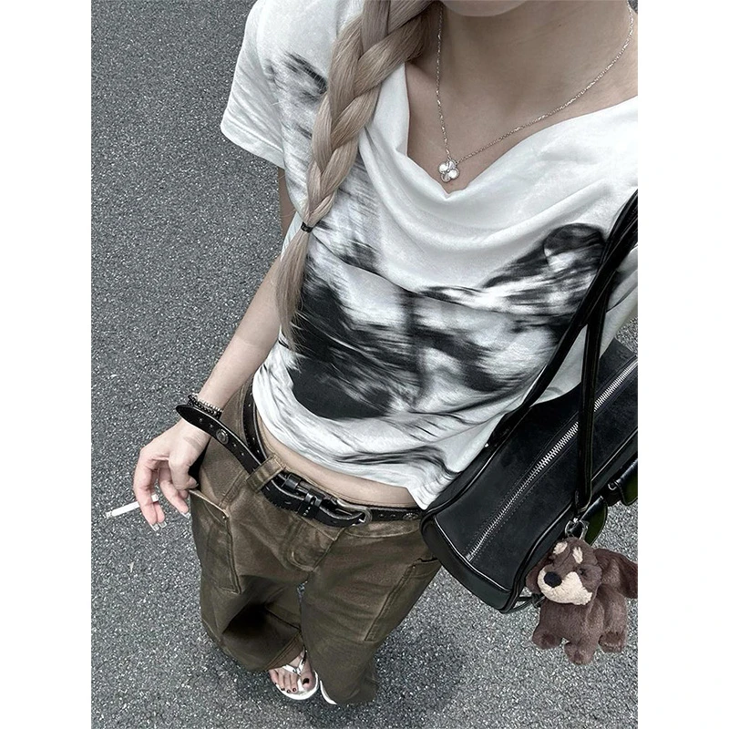 100%纯棉荡领正肩短袖T恤女夏季美式chic设计感辣妹修身显瘦上衣