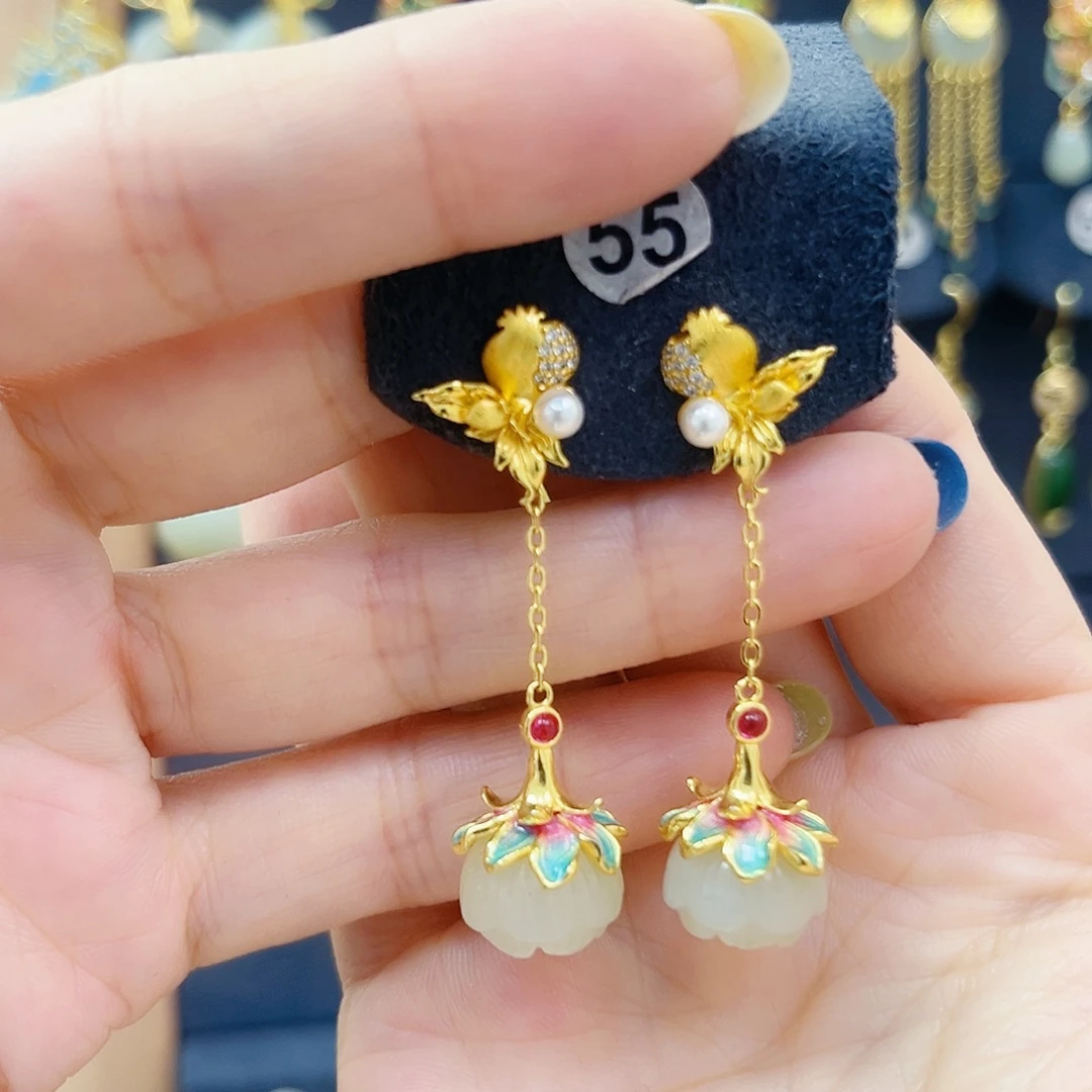 和田玉银S925镀金镶嵌耳饰