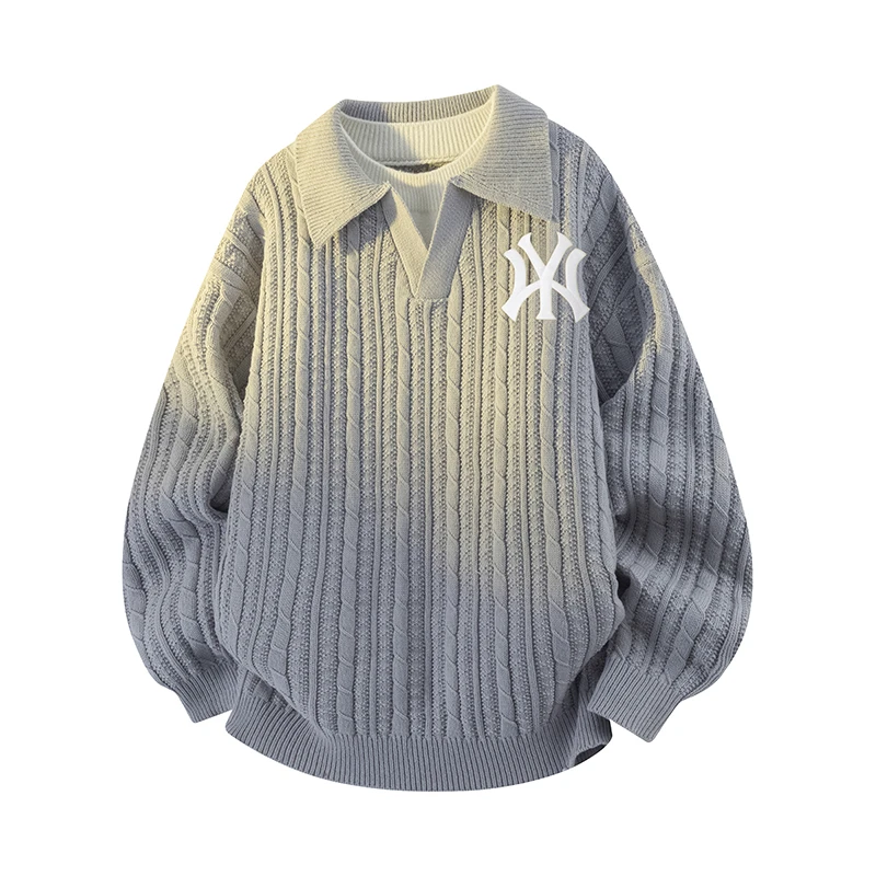 梦泡假两件时尚大码卫衣男士秋冬季新款复古休闲针织毛衣打底衫潮