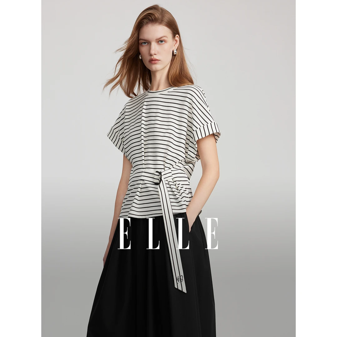 ELLE摩登条纹宽松短袖女2025夏季新款绑带收腰设计感ET51474
