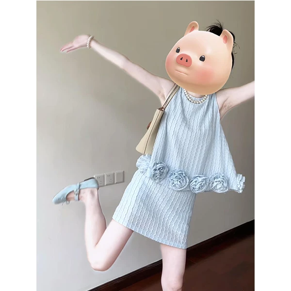 2025夏季新款设计感立体花朵背心女夏纯色A字短裙两件套