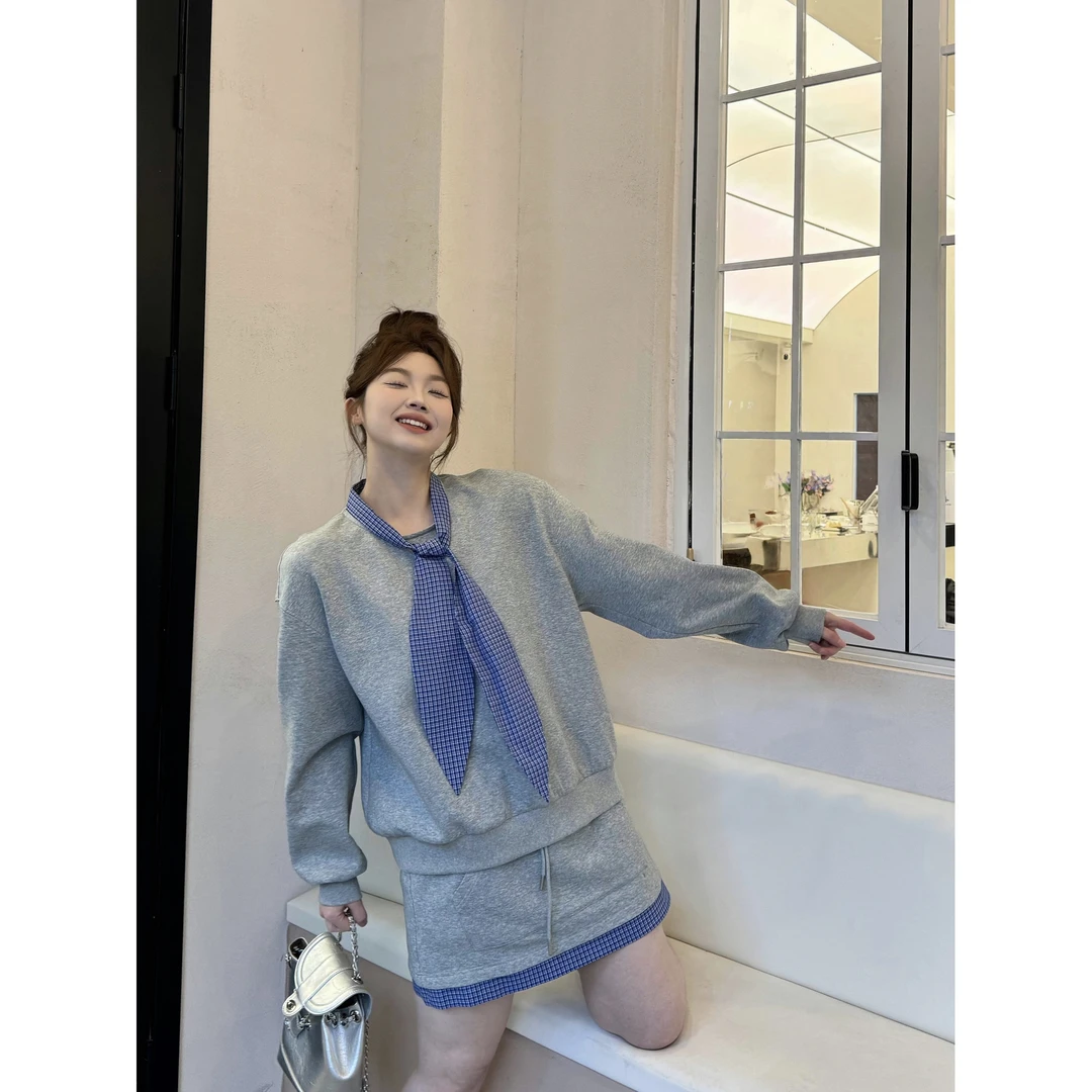 晶咕【学院派对】格纹假两件拼接领带卫衣+松紧口袋A字半身