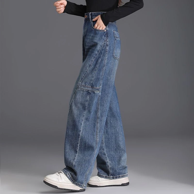 2025年新款复古阔腿裤牛仔裤子女秋冬季新款宽松显瘦大码弯刀裤女