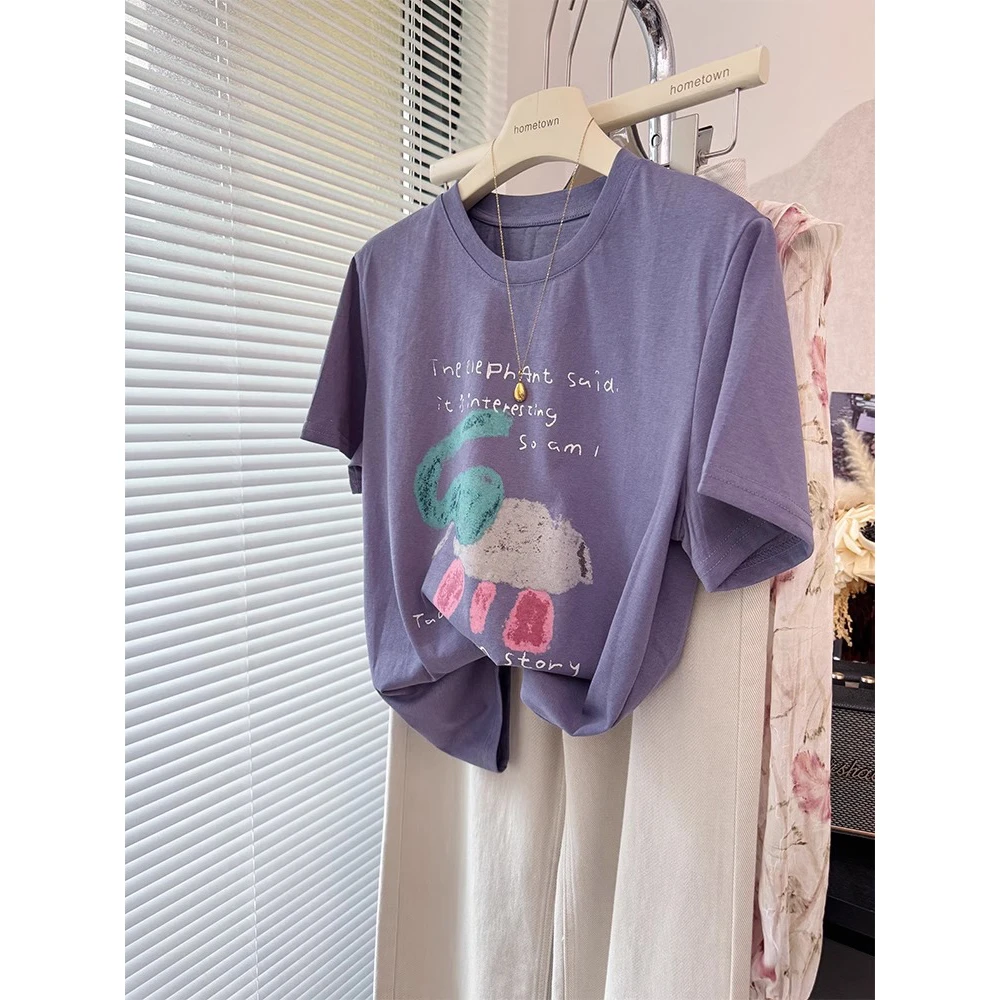 胖mm240斤大码减龄可爱小象印花雪花棉短袖T恤女夏季薄款宽松上衣