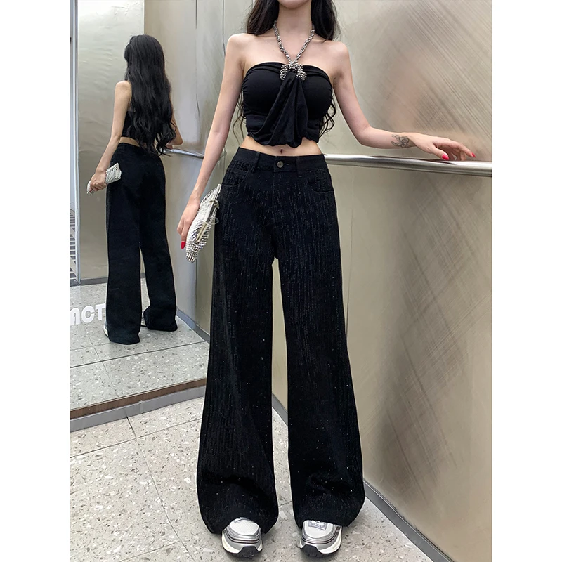 高级感流星闪钻阔腿牛仔裤女2025年秋季黑色宽松显瘦高腰堆堆长裤
