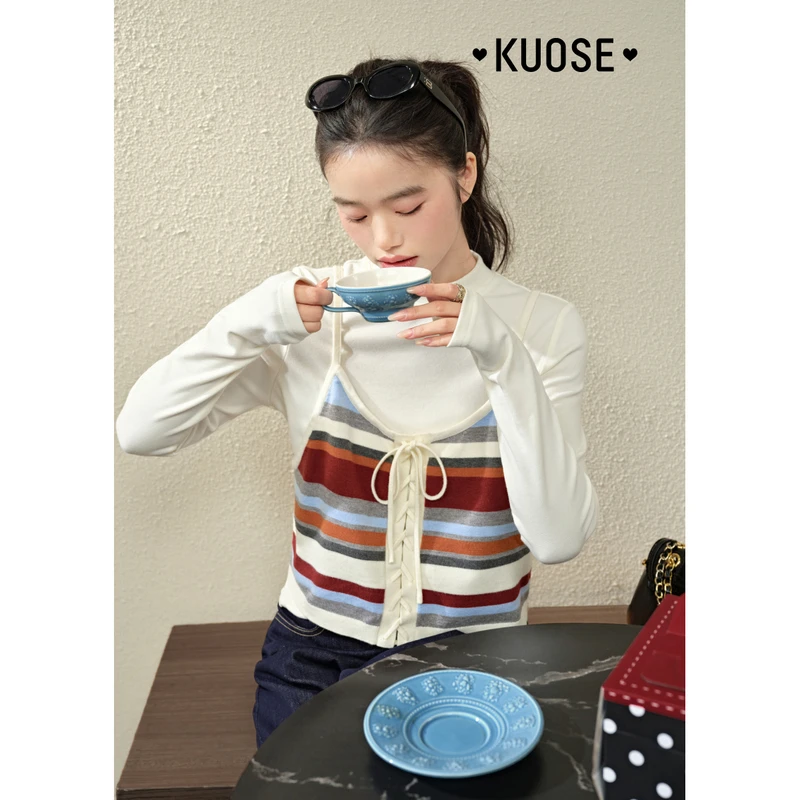 阔色条纹吊带背心针织套装2025秋季新款两件套短款上衣KSJ2412002