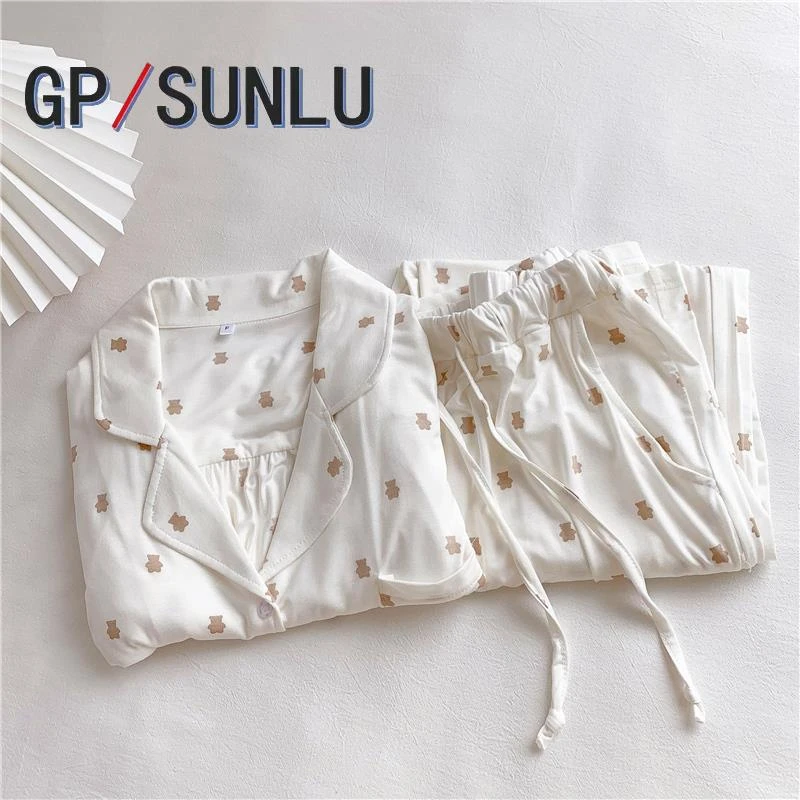 日本小众GP柔软宽松~秋季莫代尔睡衣女春秋长袖长裤可爱日系小熊