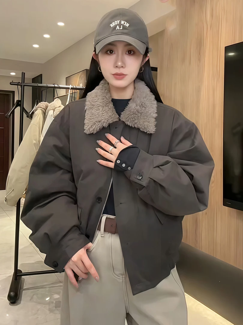 韩系羊羔毛翻领加厚保暖棉服女2025冬季新款小个子短款派克服外套