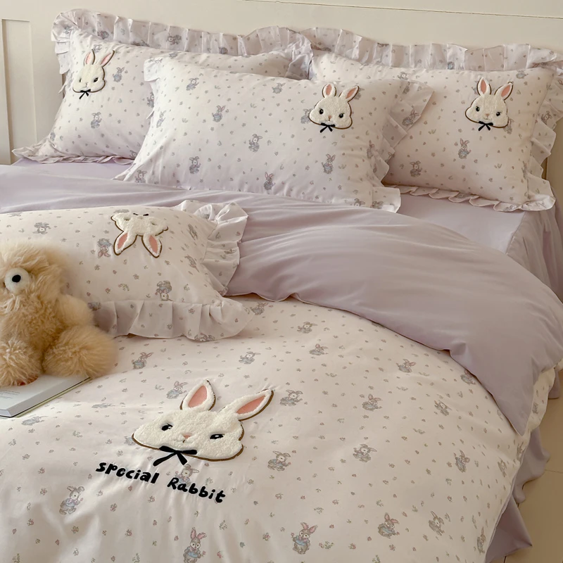 卡通可爱兔纯棉四件套床裙款100全棉刺绣被套罩床单女孩床上用品4