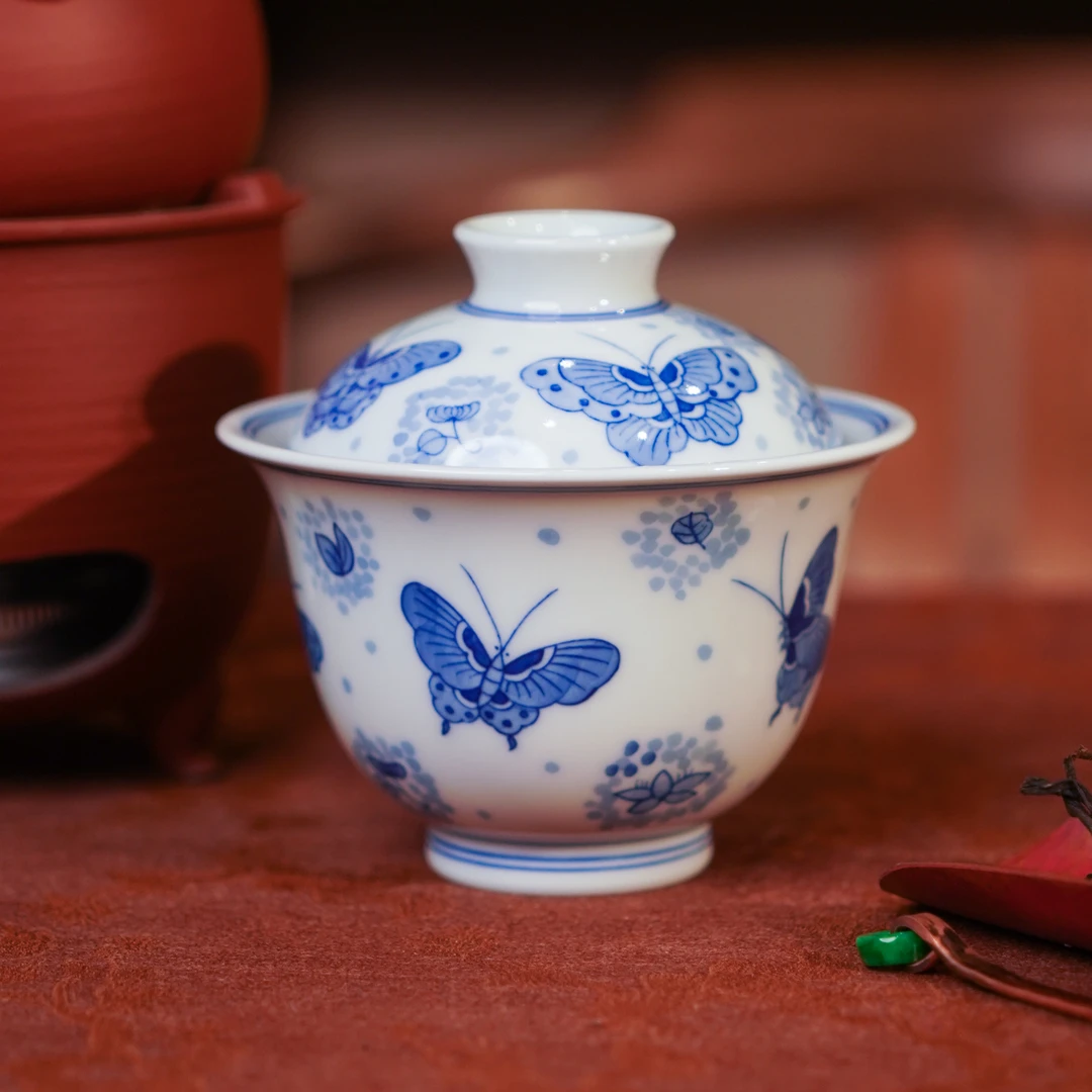 亦然堂  蝴蝶小二才盖碗  茶具中式茶道纯手工陶瓷饮茶 NH3135银