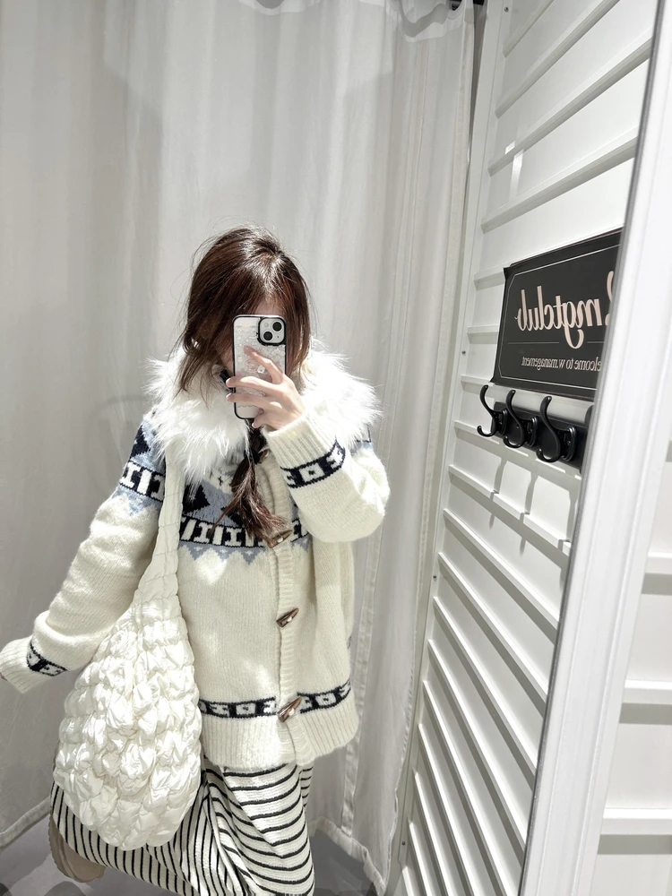 设计感大毛领连帽费尔岛毛衣开衫外套秋冬季针织衫宽松高级感上衣