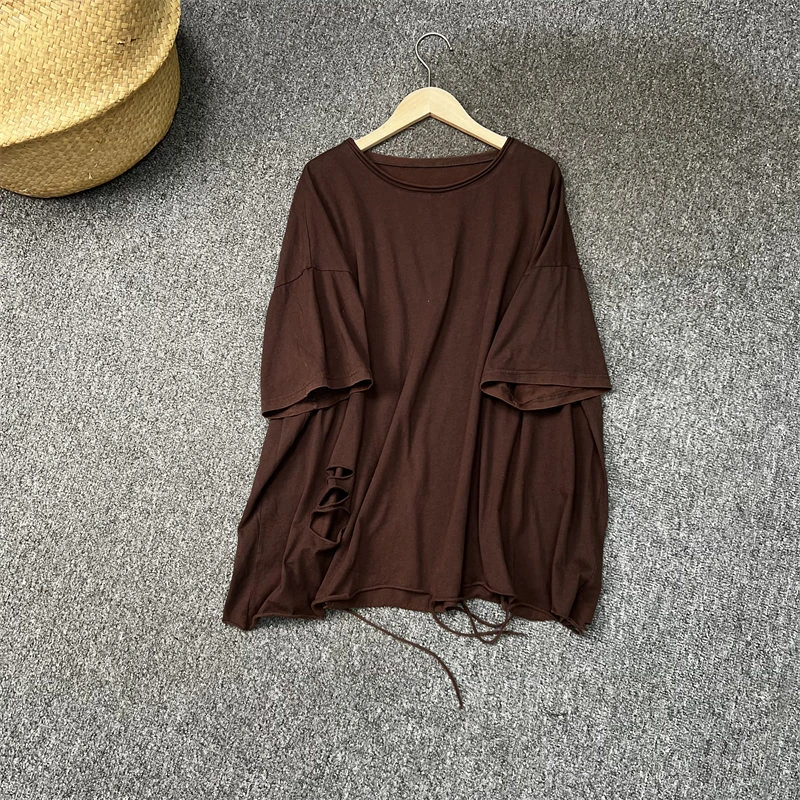 文艺针织棉炒色砂洗破洞流苏个性圆领T恤春夏新款百搭外穿女短袖