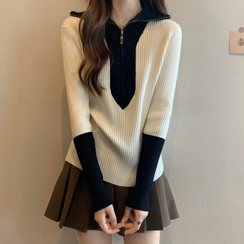 拼接翻领针织打底衫女秋冬T恤半拉链撞色设计长袖修身显瘦上衣ins