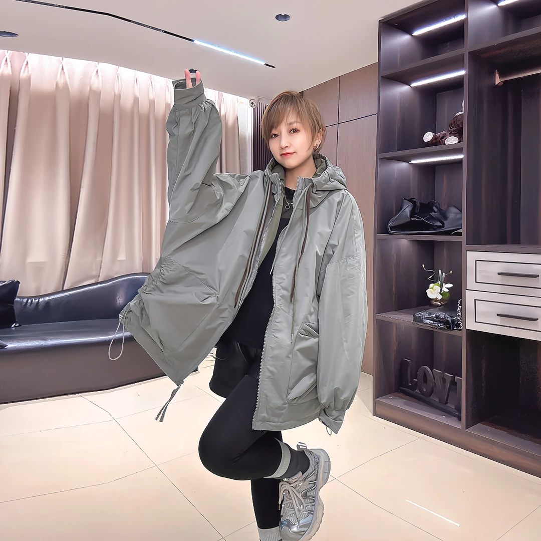 韩系中长款夹棉风衣外套女秋冬新款轻薄棉衣高级感花苞连帽二棉服