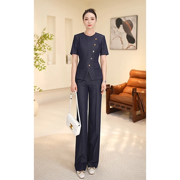 晚晚夏季新款牛仔蓝薄款短袖西装套装女气质优雅显瘦显高级通勤装