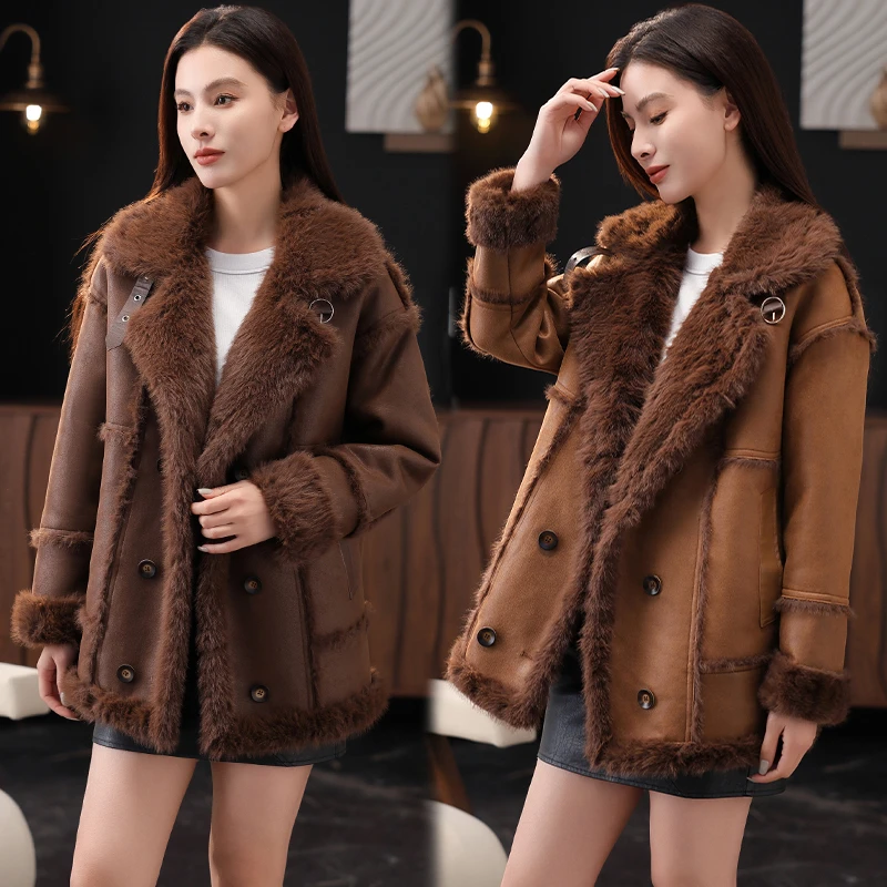 皮毛一体女单排扣立领慵懒风保暖短外套冬装百搭加厚韩版冬季时尚