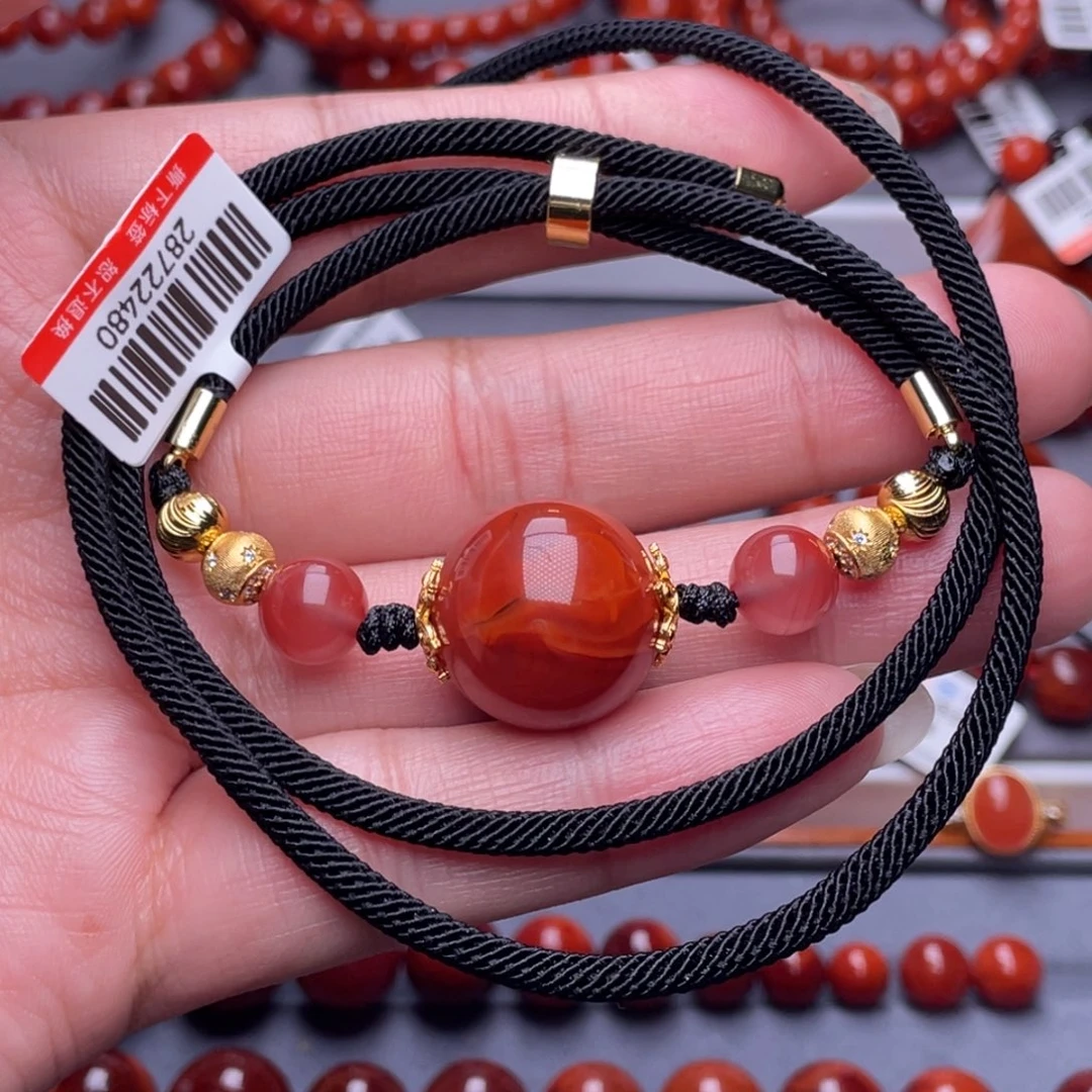 坚***强南红玛瑙未镶嵌配饰18.9mm玫红火焰纹锁骨链