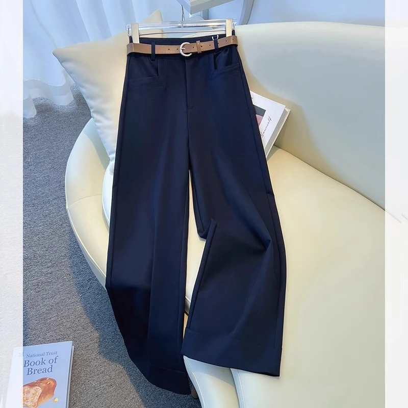 拉夏贝尔 时尚阔腿裤春夏2025新款高腰宽松气质藏蓝色宽松直筒裤