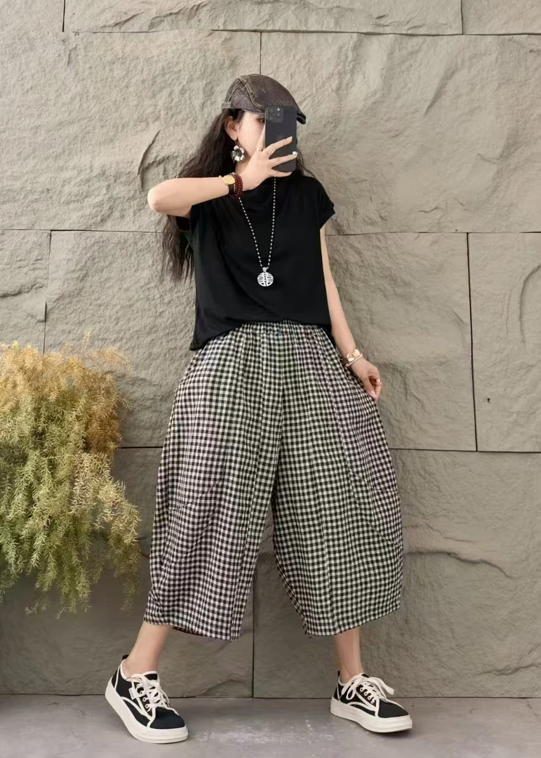 C3205夏季棉.麻格子七分裤静奢风中裤百搭休闲裤阔腿短裤70.140