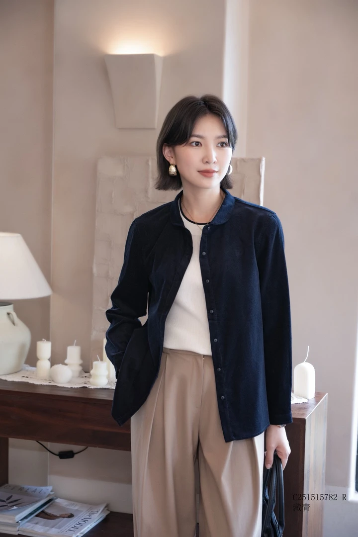 秋冬季女士长袖纯棉圆领格纹休闲针织性感衬衫