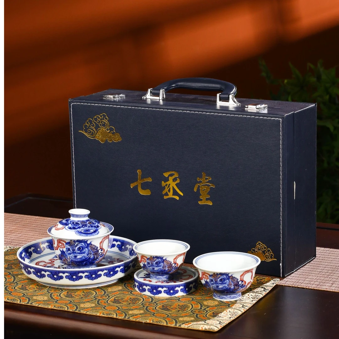 【礼盒装五件套】景德镇七丞堂陶瓷茶具醒狮双狮滚绣球描金盖碗套装