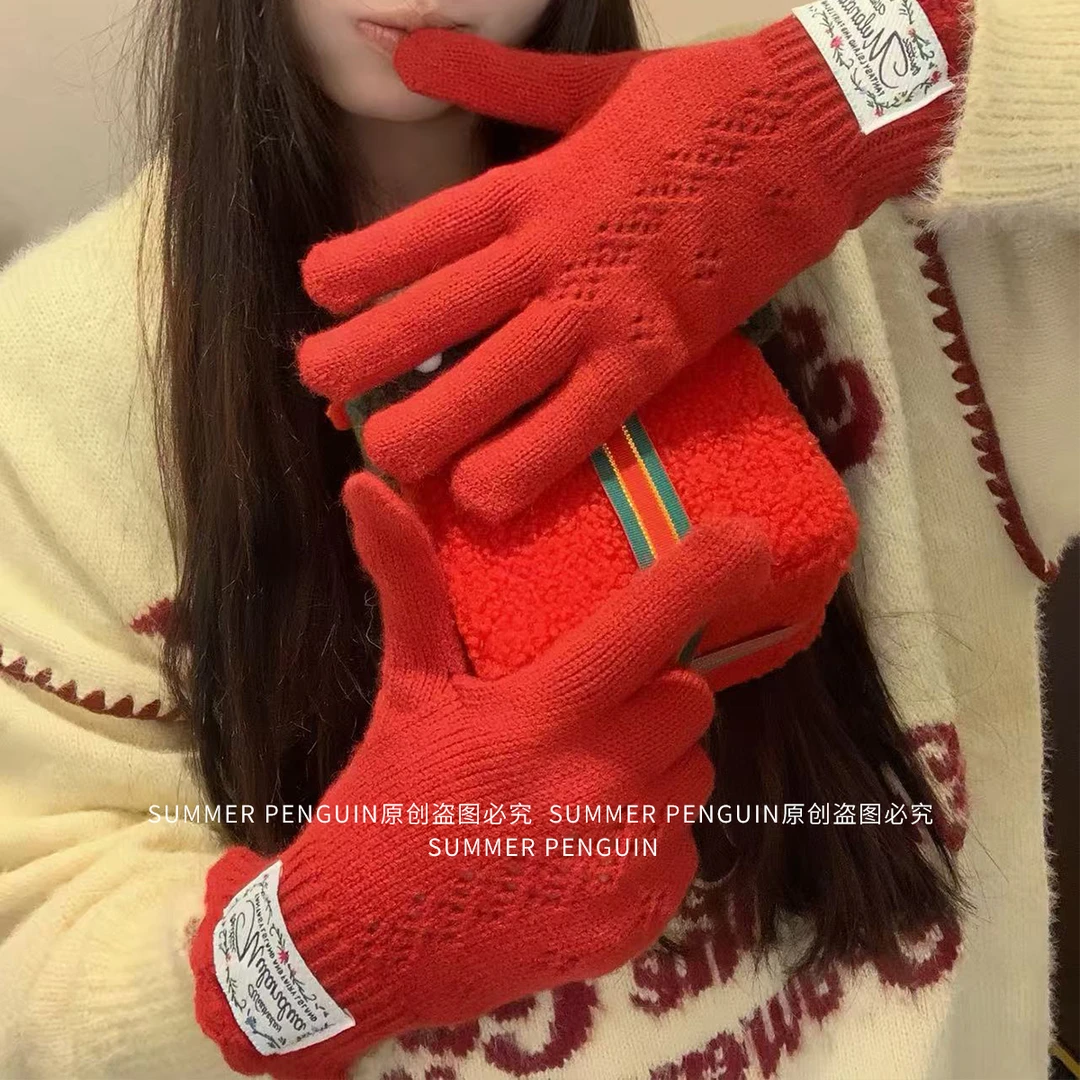 SUMMER PENGUIN柔软亲肤花边针织手套女冬季可触屏防寒分五指手套