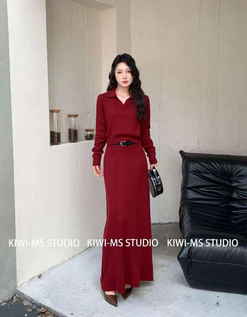 大蕊家秋季新款韩版显瘦百搭针织衫女毛羊绒裙套装配皮带5631