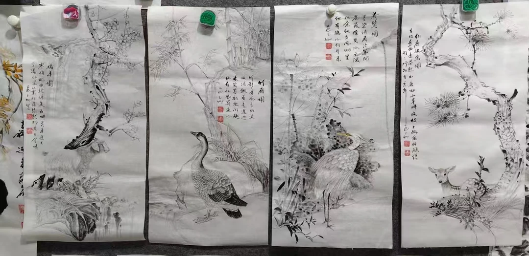 水墨花鸟画34x69小四条屏