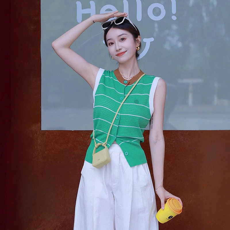 马甲背心撞色圆领无袖收腰显瘦镂空钩花针织背心女25年新款马甲女