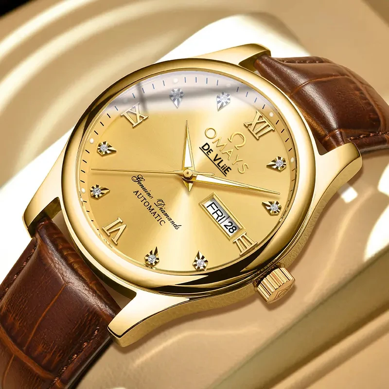 瑞士名牌欧om蝶飞男士机械表防水商务超薄镶钻百搭男表