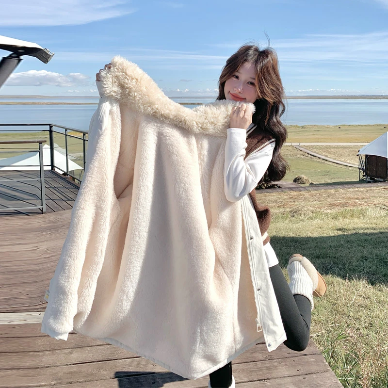 氛围感韩系ins风毛绒绒派克服2025冬新款工装风加绒加厚棉服外套