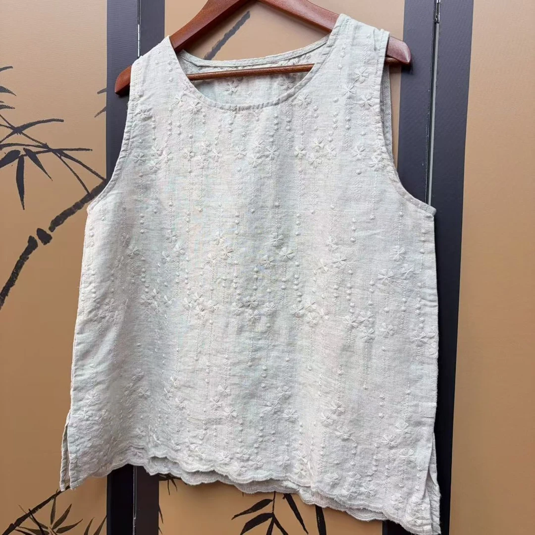9414-5亚麻背心 大机刺绣 雨露麻 可外传可内搭 干爽透气亲肤 JSH