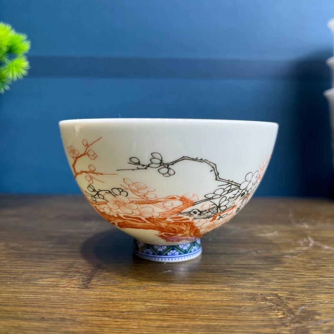 景德镇陶瓷墨彩梵红梅花鸡心主人杯