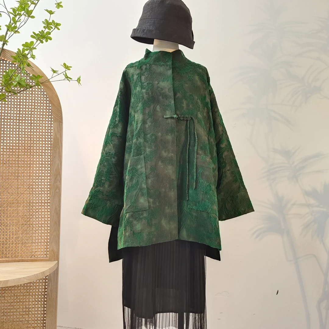 100姆米柞蚕丝花雕工艺香云纱宽松棉服复古外套