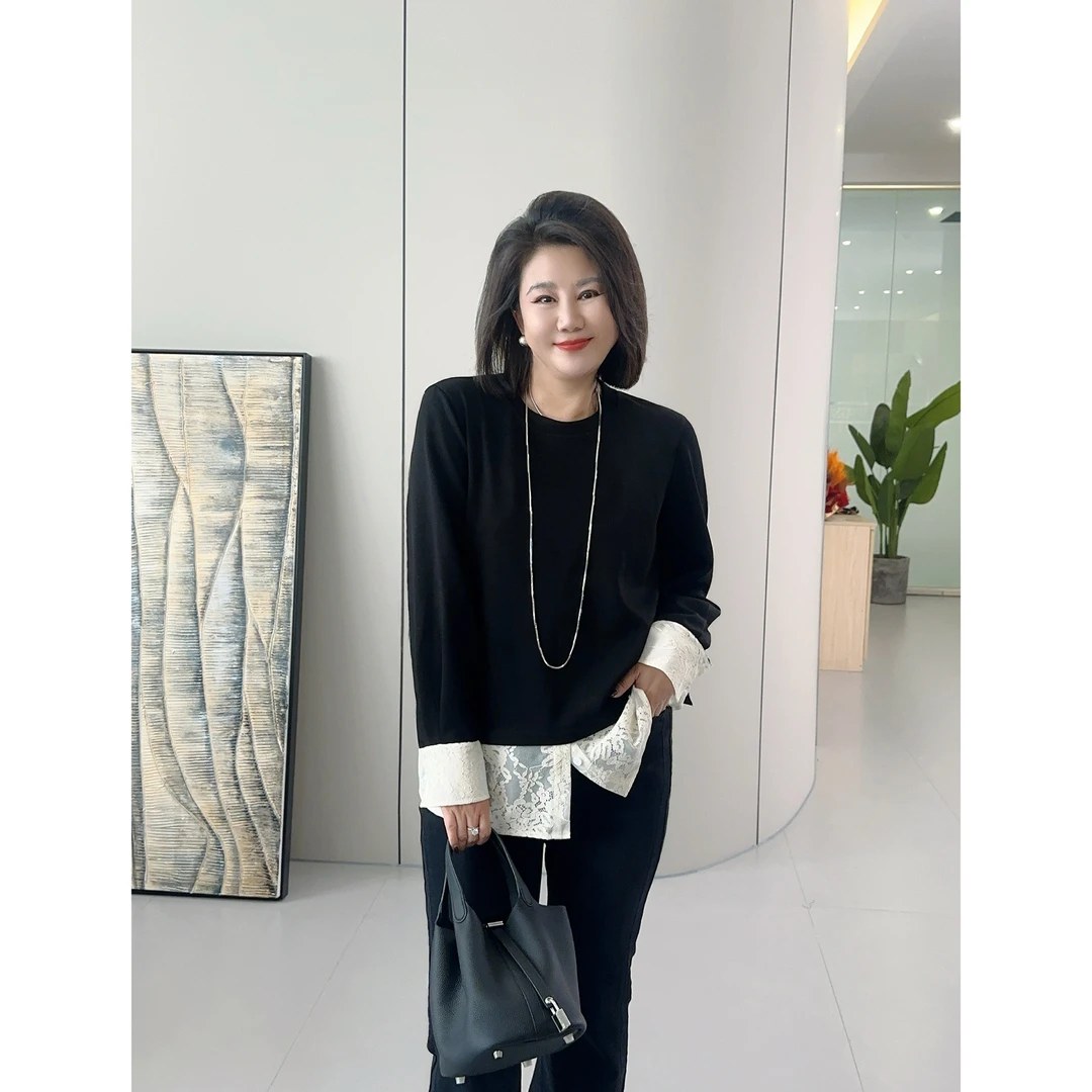 微胖女装【梦湖之境】早秋新款蕾丝拼接卫衣显瘦百搭上衣20800