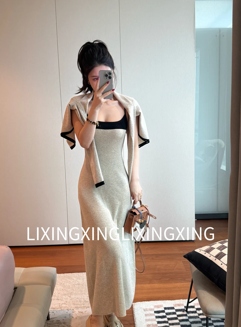 LXX【波斯纶复古拼色套装】吊带裙+开衫撞色显瘦气质轻奢时尚法式