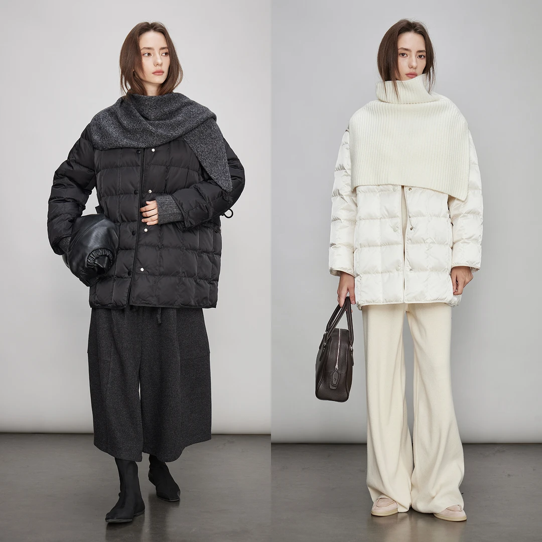 3ONE圆领廓形90鹅绒轻量羽绒服极简显瘦无领排骨羽绒服女冬外套