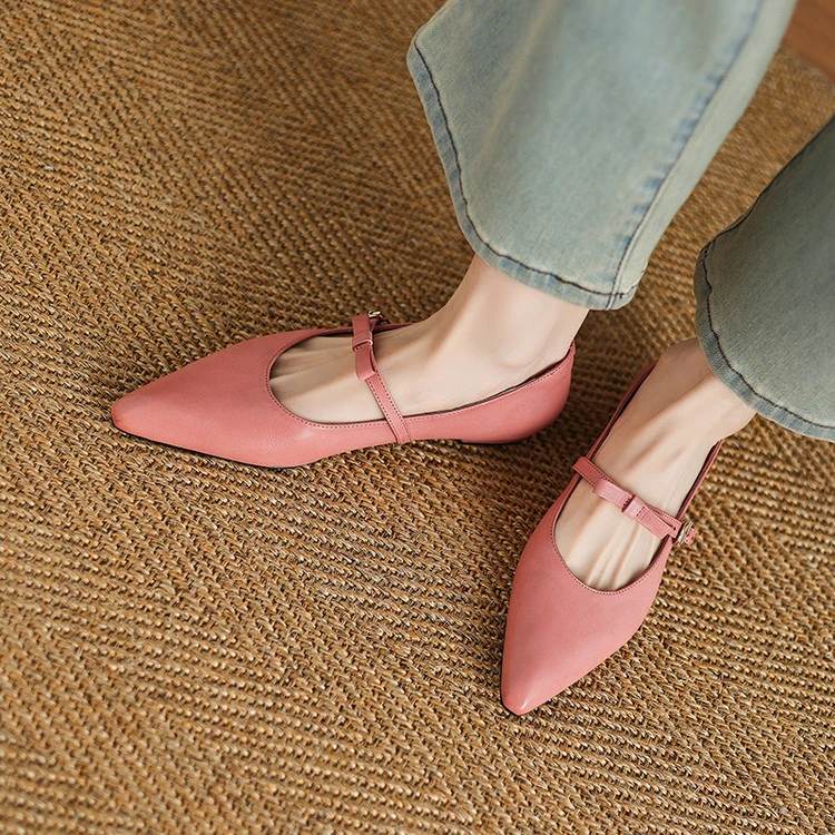feilunna/妃伦娜1.5CM粗跟法式小香风单鞋粉色浅口玛丽珍单鞋牛皮