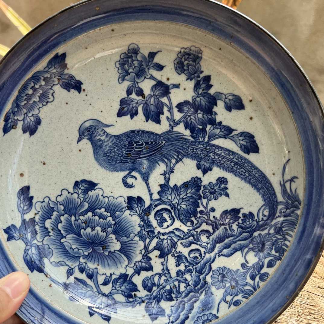 【近山古美】锦上添花高货粗陶圆边深盘高温手绘釉下青花瓷