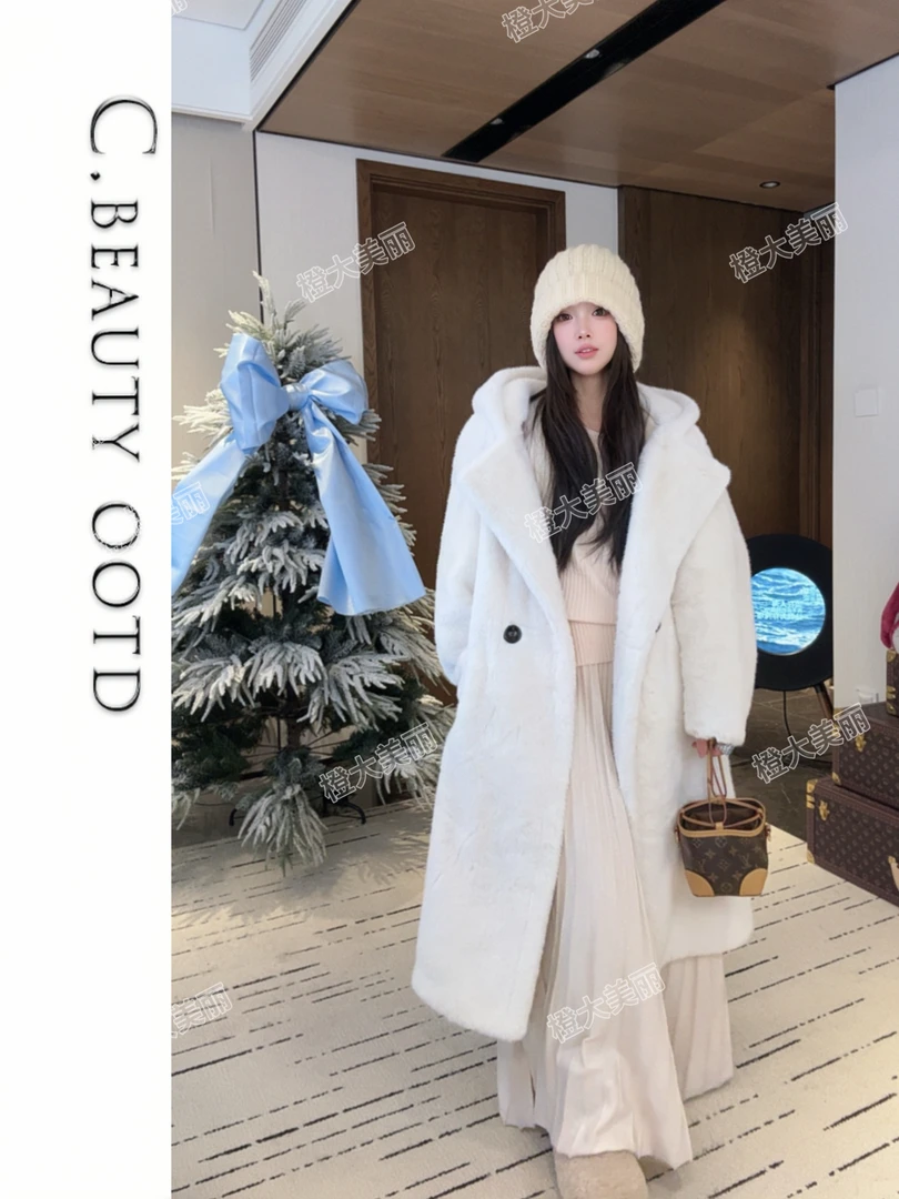 25秋冬少女马卡龙宽松甜美网红帽版毛毛外套